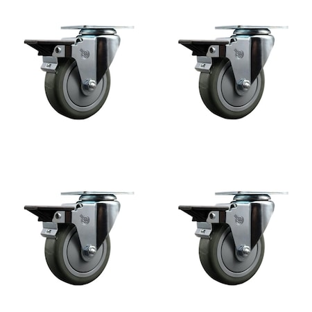 Service Caster 4'' Gray Poly Wheel Swivel Top Plate Caster Set Posi Brake, 4PK SCC-20S414-PPUB-PLB-4